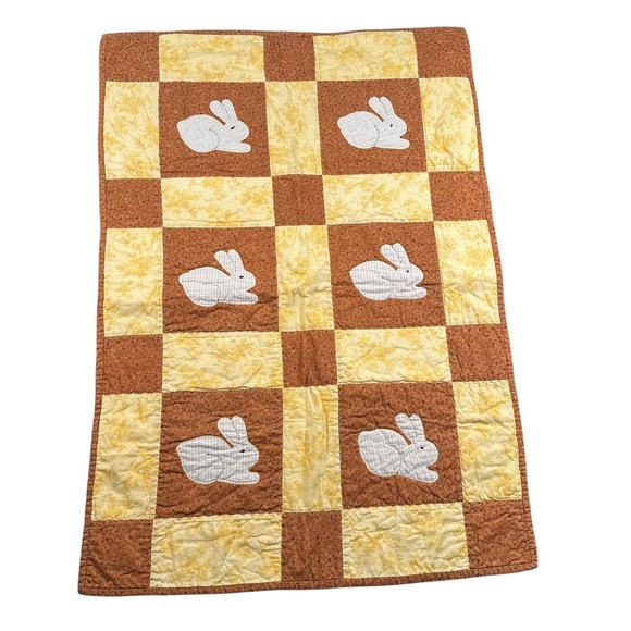 Tender Loving Quilters Other - Tender Loving Quilters Handmade Baby Quilt Bunny Rabbit Stars Brown Yellow 25x36